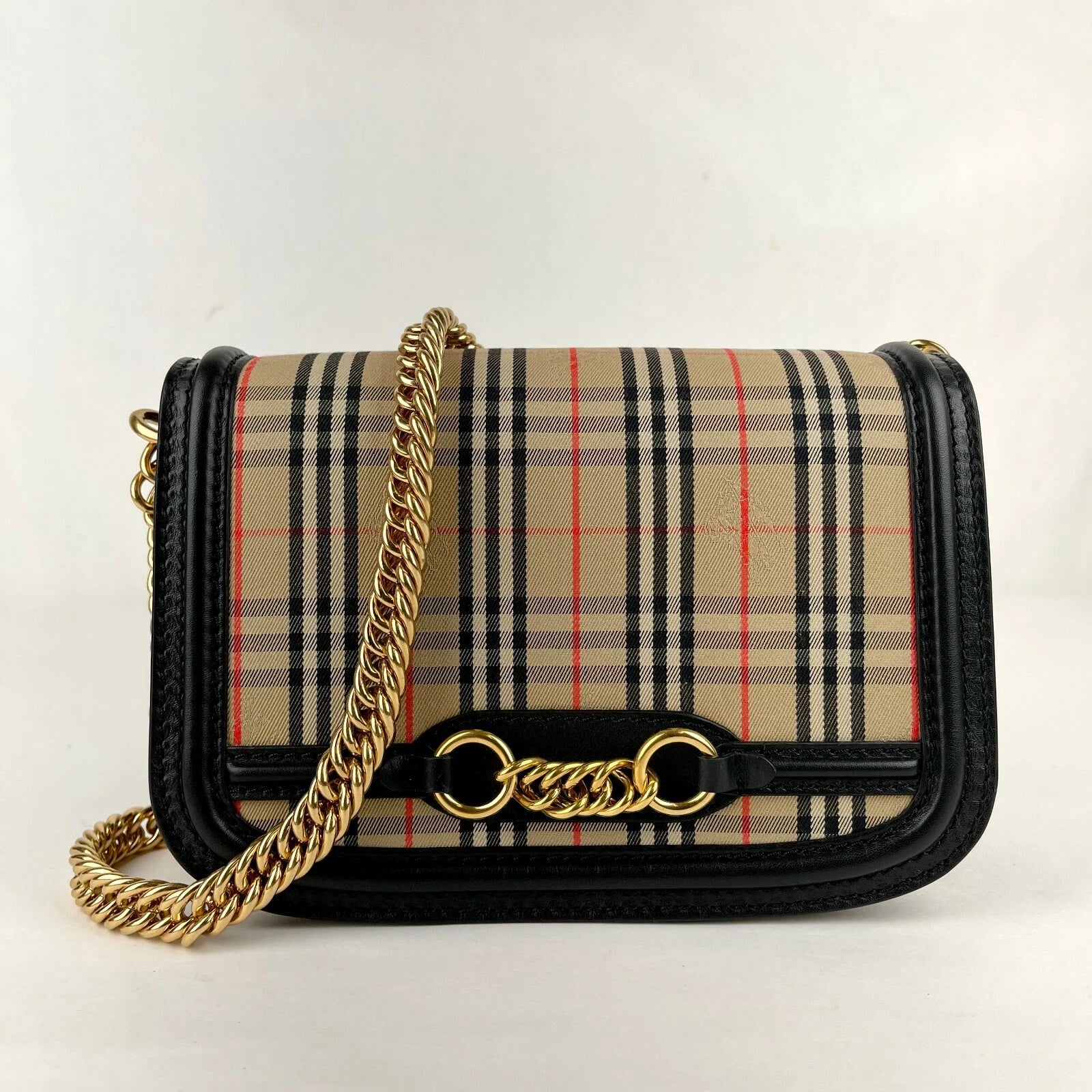 $1190 Burberry House Check Canvas Small Chain Link Shoulder Bag 4080185
