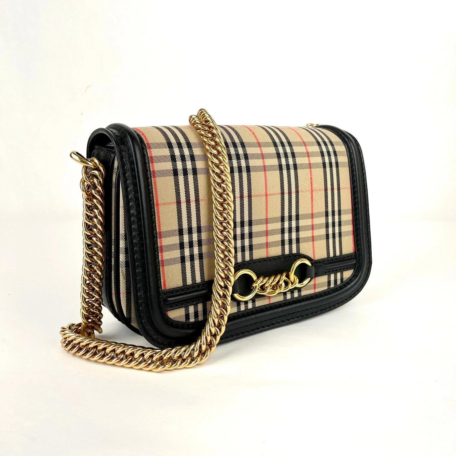 $1190 Burberry House Check Canvas Small Chain Link Shoulder Bag 4080185
