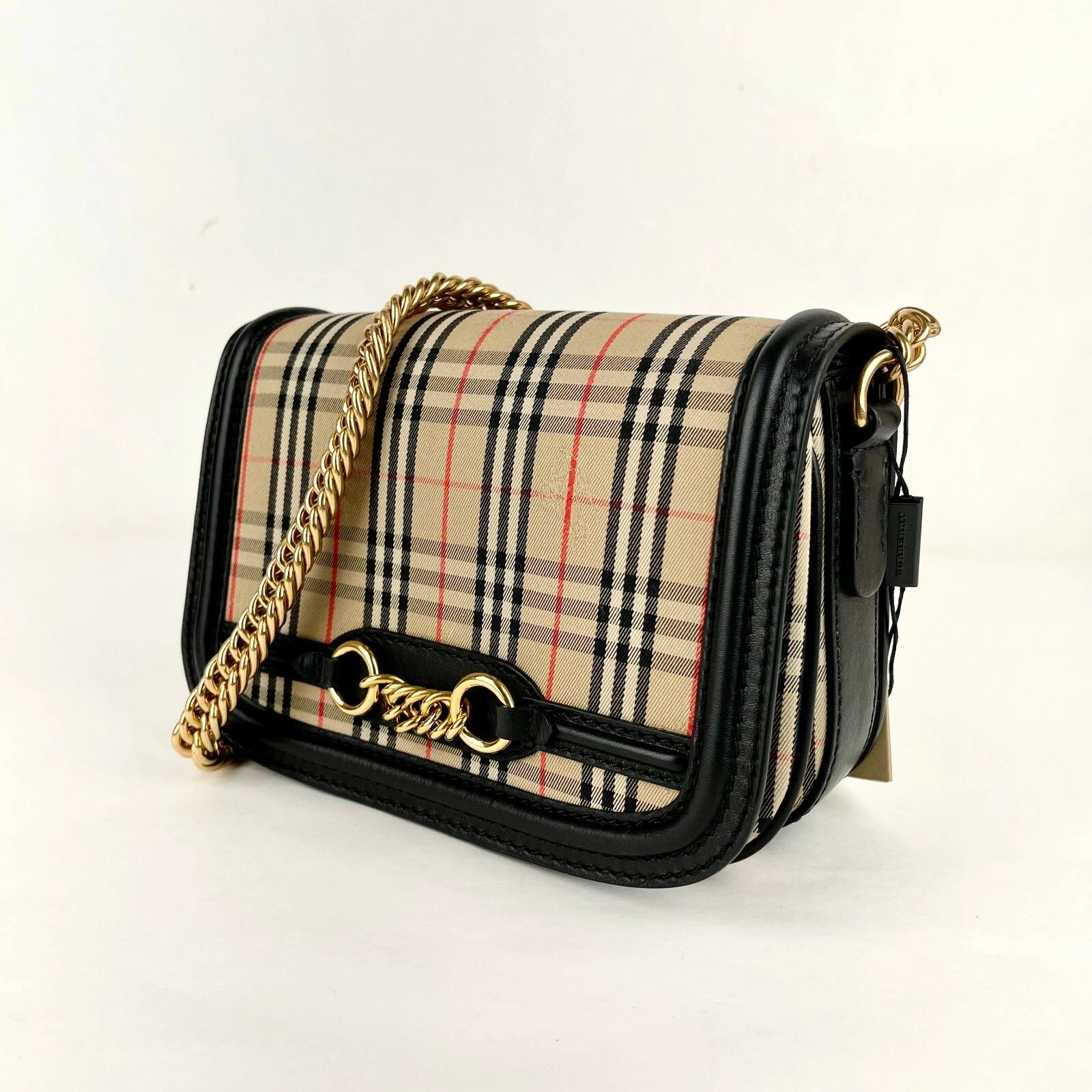 $1190 Burberry House Check Canvas Small Chain Link Shoulder Bag 4080185